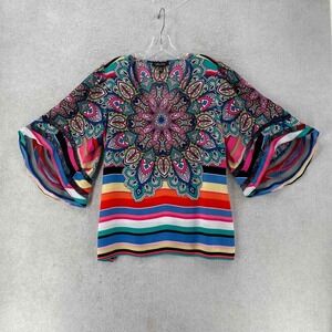 MELISSA PAIGE Top Paisley Striped Boho Bell Sleeve Sleeve Flowy V-Neck Blouse